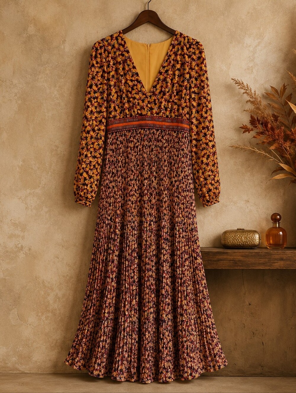 SALONI Floral Silk Pleated Maxi Dress Orange Yellow Long Sleeve Boho Size 10